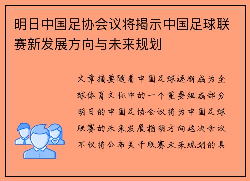 明日中国足协会议将揭示中国足球联赛新发展方向与未来规划